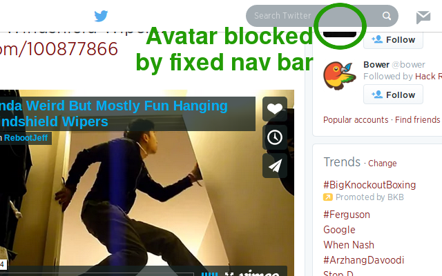 Twitter nav bar blocking an avatar